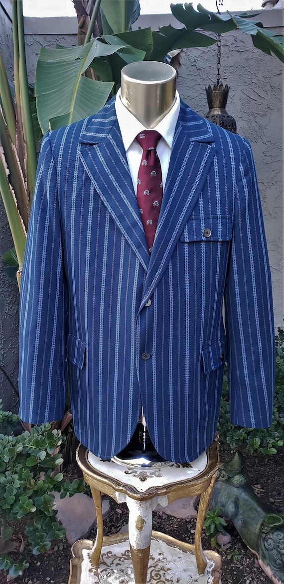 Vintage 1970's Blue Striped Sport Coat - Size 41 - image 1