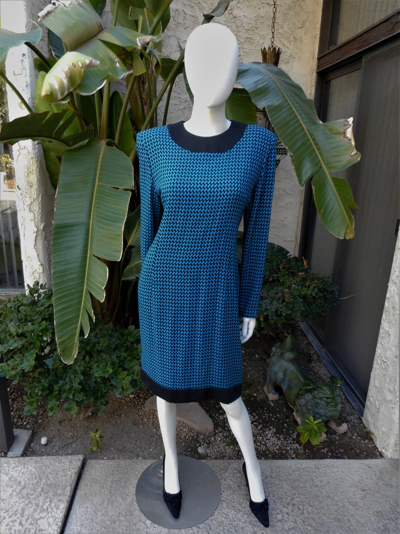 Vintage 1980's Marvin Singer for Depeche Mode Teal Blue & Black Dress Size 14 image 1