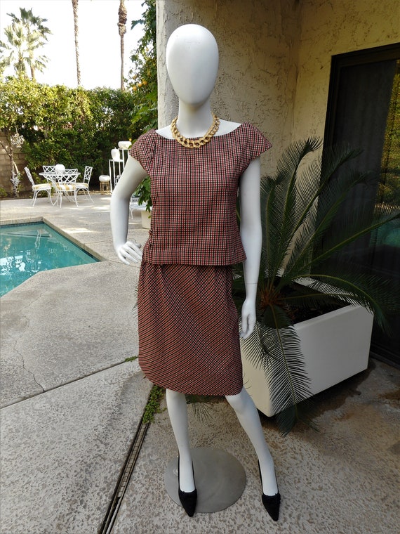 Vintage 1960's Ruth Ervin Beige/Black & Red Plaid… - image 1