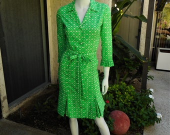 Vintage 1970's Jane Andre Green Print Dress - Size 4/6