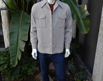 Vintage 1970's Lyons Brown & White Ribbed Lightweight Shirt Jacket - Size Large