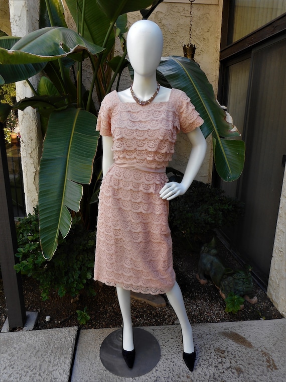 Vintage 1950's DuBarry Dusty Pink Lace Dress - Siz
