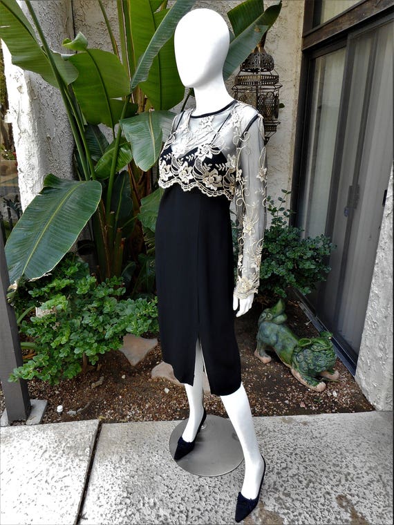 Vintage 1960's Stella Black Dress with Beige Lace… - image 1