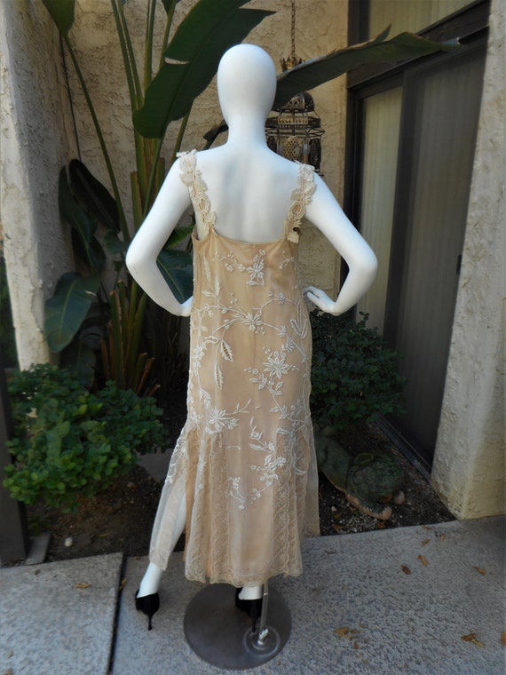 Vintage 1920's Beige Embroidered Net and Lace Eve… - image 5