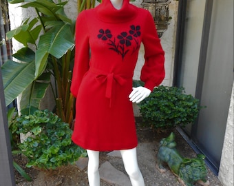 Vintage 1970's Hanae Mori Red Knit Dress - Size 2