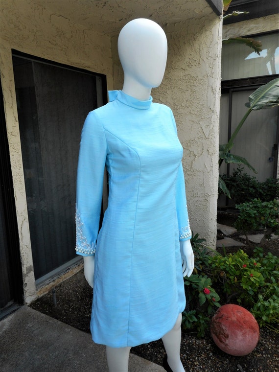 Gorgeous 1960s Unlabeled Metallic Blue Turquoise & Purple Beaded Dress