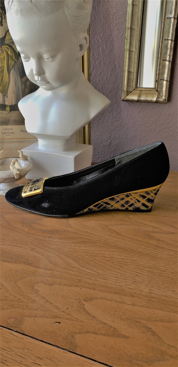 Vintage Early 90's Black Suede and Gold Shoes by … - image 2