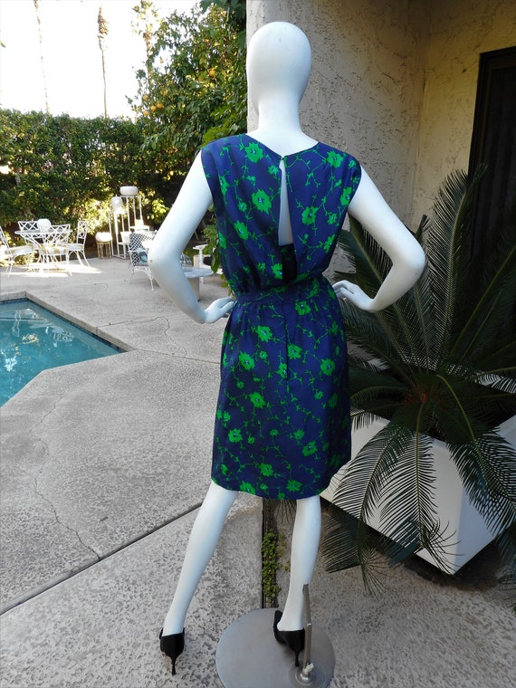 Vintage 1960's Blue & Green Floral Print Dress - … - image 5