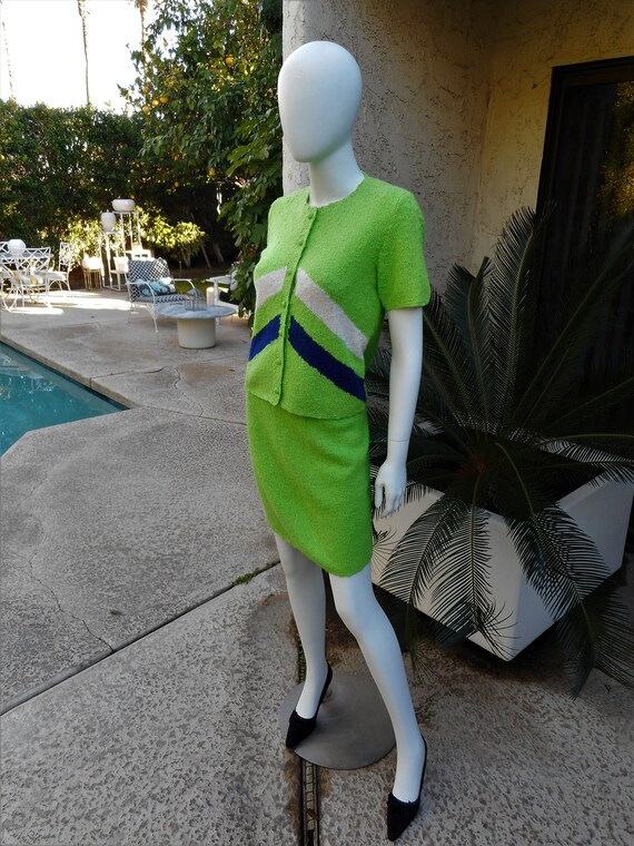 Vintage 1980's Bright Green Knit Top and Skirt Se… - image 1