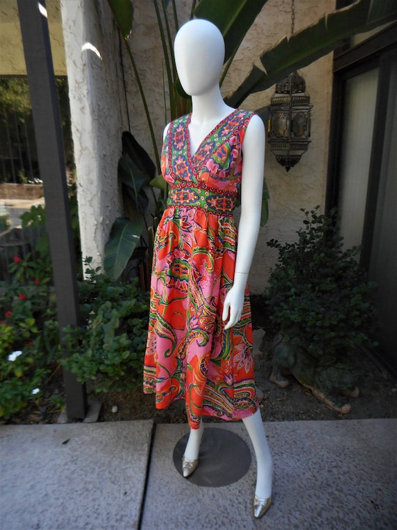 Vintage 1960's Orange & Pink Paisley Dress - Size… - image 3