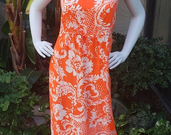 Vintage 1970's Sun Fashions of Hawaii Orange & White Floral Print Dress - Size 10