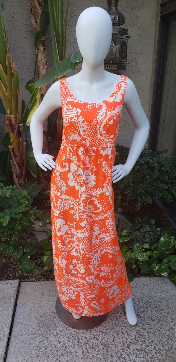 Vintage 1970's Sun Fashions of Hawaii Orange & Wh… - image 1