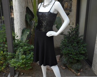 Vintage 1970's Black Knit Dress with Sequined Top - Size S/M