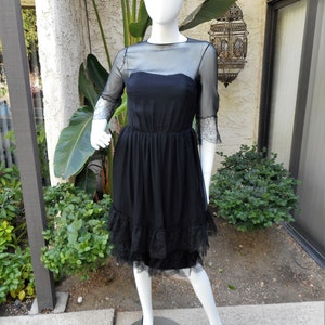 Vintage 1960's Black Chiffon & Lace Dress Size 8 image 1