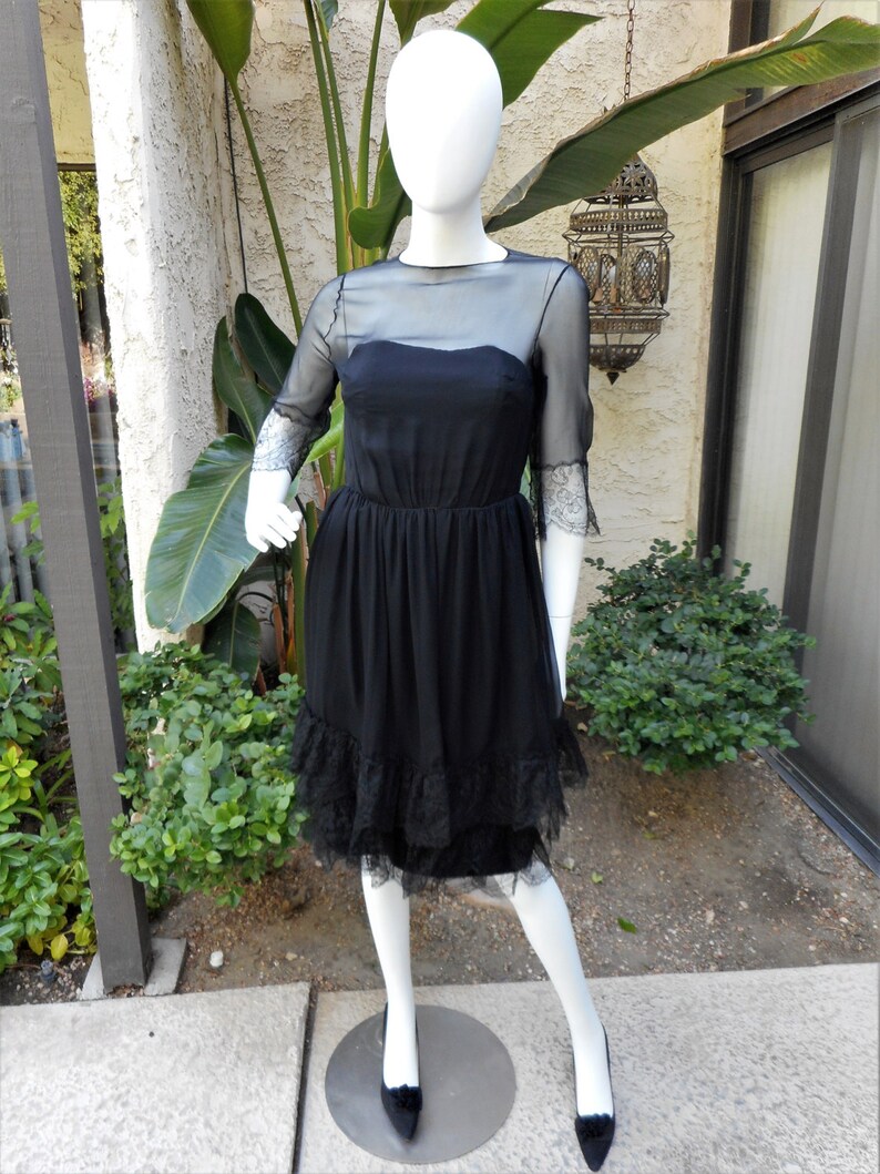 Vintage 1960's Black Chiffon & Lace Dress Size 8 image 1