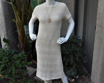 Vintage 1970's Goldworm Ecru Linen Blend Knit Dress - Size 8/10