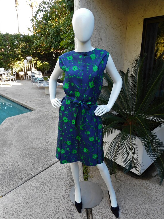 Vintage 1960's Blue & Green Floral Print Dress - … - image 3