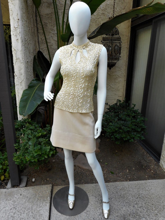 Vintage 1960's Tobi Cream Colored Sequin Sleevele… - image 1