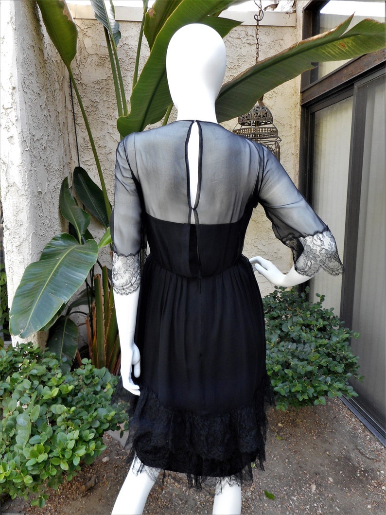 Vintage 1960's Black Chiffon & Lace Dress Size 8 image 4