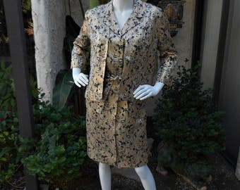 Vintage 1960's Gold Metallic & Black  Floral  Print Dress and Jacket Set - Size 6