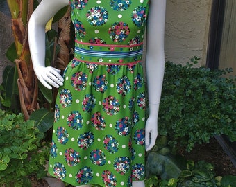 Vintage 1970's Yves Jennet Green Floral Dress - Size 4