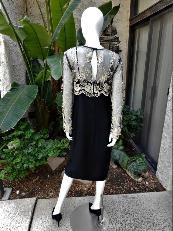 Vintage 1960's Stella Black Dress with Beige Lace… - image 4