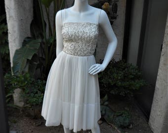 Vintage 1960's White  Chiffon Cocktail Dress - Size 2