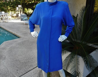 Vintage 1980's Nora Martin Blue Dress with Dolman Sleeves - Size 10