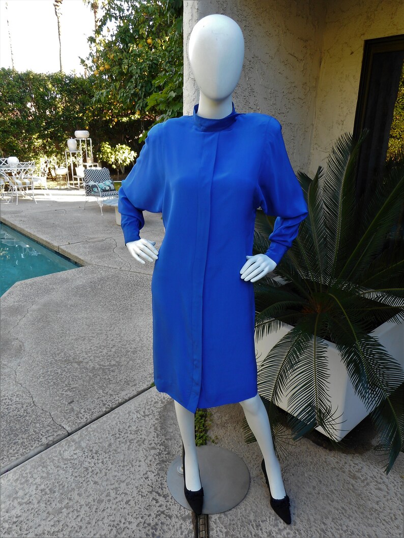 Vintage 1980's Nora Martin Blue Dress with Dolman Sleeves Size 10 image 1