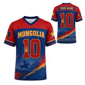 May include: A red and blue V-neck jersey featuring the text MONGOLIA and the number 10 on the front. The design includes a graphic of a mounted archer, mountains, and a yellow star. The back displays YOUR NAME, the number 10, and a horse scene.