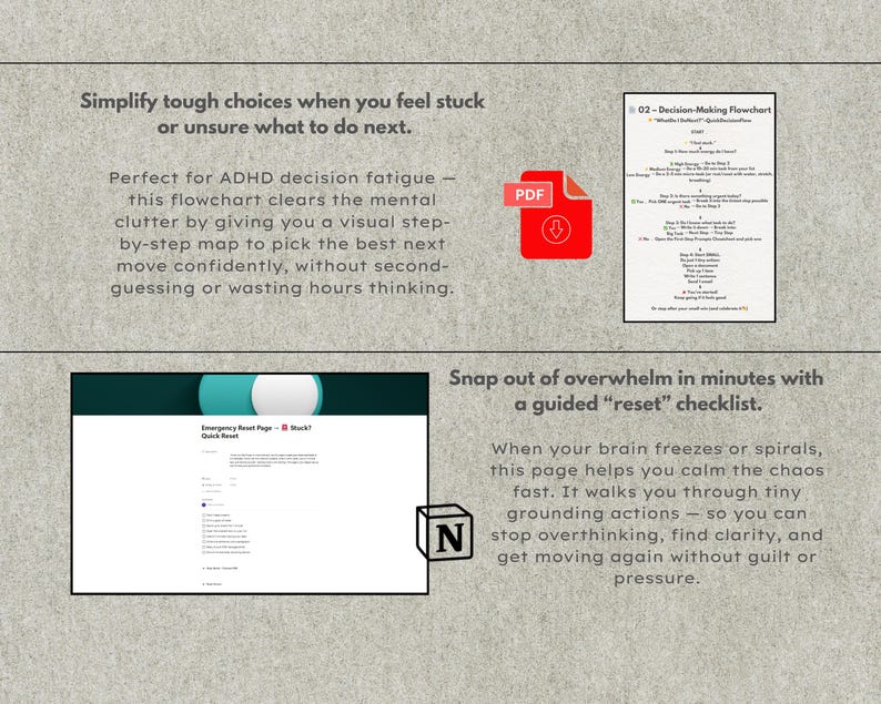 Może przedstawiać: Obraz produktu cyfrowego z tekstem: "Uprość trudne wybory" i "Wyrwij się z przytłoczenia". Zawiera ikonę PDF, schemat blokowy i stronę Notion. Produkt ma na celu pom&oacute;c w podejmowaniu decyzji i jasności umysłu.