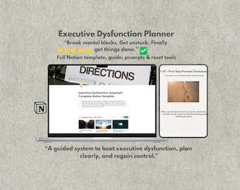 May include: A laptop and smartphone display the "Executive Dysfunction Planner" with the text "Break mental blocks. Get unstuck. Finally get things done." The laptop screen shows a Notion template, and the phone displays a first-step prompt.