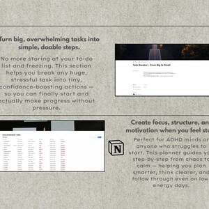 Może przedstawiać: Obraz cyfrowego planera z tekstem: "Zamień duże, przytłaczające zadania na proste, wykonalne kroki." i "Stw&oacute;rz skupienie, strukturę i motywację, gdy czujesz się zablokowany." Zawiera logo i zrzuty ekranu interfejsu.