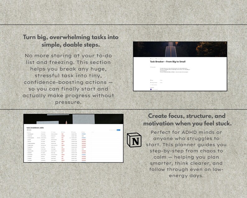 Może przedstawiać: Obraz cyfrowego planera z tekstem: "Zamień duże, przytłaczające zadania na proste, wykonalne kroki." i "Stw&oacute;rz skupienie, strukturę i motywację, gdy czujesz się zablokowany." Zawiera logo i zrzuty ekranu interfejsu.