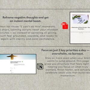 Może przedstawiać: Reklama produktu cyfrowego skupiona na dobrym samopoczuciu psychicznym. Obraz zawiera ikonę PDF, odręczną notatkę z napisem "Don't Give Up" i zrzut ekranu ze strony internetowej. Tekst zachęca do zmiany negatywnych myśli i skupienia się na priorytetach.