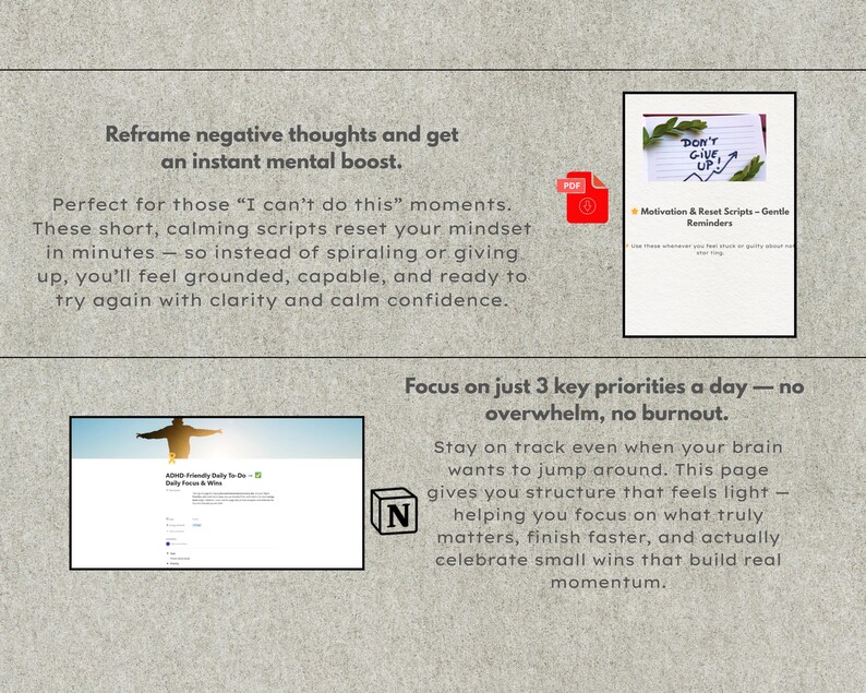 Może przedstawiać: Reklama produktu cyfrowego skupiona na dobrym samopoczuciu psychicznym. Obraz zawiera ikonę PDF, odręczną notatkę z napisem "Don't Give Up" i zrzut ekranu ze strony internetowej. Tekst zachęca do zmiany negatywnych myśli i skupienia się na priorytetach.