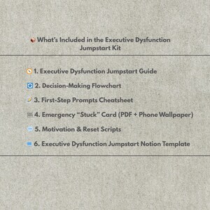 Może przedstawiać: Beżowa grafika przedstawia zawartość zestawu Executive Dysfunction Jumpstart Kit. Lista zawiera przewodnik, schemat blokowy, ściągawkę, kartę awaryjną, skrypty motywacyjne i szablon Notion.