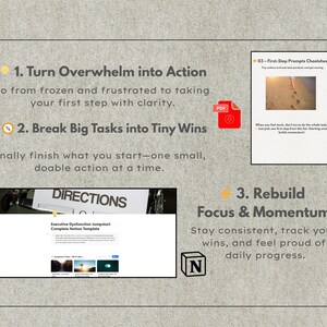 Może przedstawiać: Grafika cyfrowa z tekstem i ikonami. Tekst zawiera "Zamień przytłoczenie w działanie", "Podziel duże zadania na małe zwycięstwa" i "Odbuduj koncentrację i dynamikę". Obecna jest r&oacute;wnież ikona PDF i logo Notion. Tło jest teksturowane.