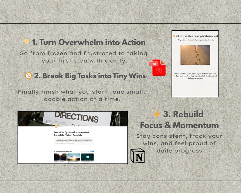 Może przedstawiać: Grafika cyfrowa z tekstem i ikonami. Tekst zawiera "Zamień przytłoczenie w działanie", "Podziel duże zadania na małe zwycięstwa" i "Odbuduj koncentrację i dynamikę". Obecna jest r&oacute;wnież ikona PDF i logo Notion. Tło jest teksturowane.