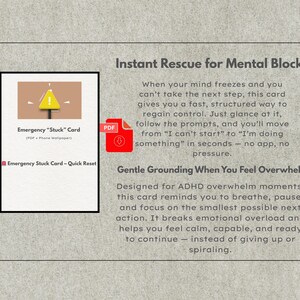 Może przedstawiać: Cyfrowa karta z tekstem "Emergency Stuck Card" i ż&oacute;łtym symbolem zagrożenia. Karta jest przeznaczona na chwile przeciążenia związane z ADHD i oferuje szybki reset, aby odzyskać kontrolę i skupienie.