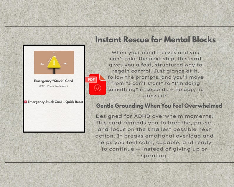 Może przedstawiać: Cyfrowa karta z tekstem "Emergency Stuck Card" i ż&oacute;łtym symbolem zagrożenia. Karta jest przeznaczona na chwile przeciążenia związane z ADHD i oferuje szybki reset, aby odzyskać kontrolę i skupienie.