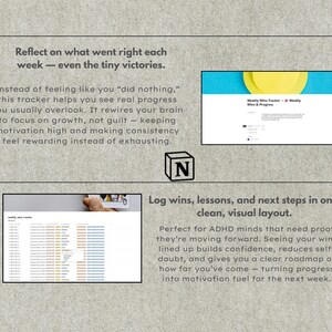 Może przedstawiać: Cyfrowy planer z tekstem "Weekly Wins Tracker - A Weekly Wins & Progress" na białym tle z niebieskim i ż&oacute;łtym wzorem. Obraz zawiera r&oacute;wnież logo Notion i tekst o śledzeniu postęp&oacute;w.