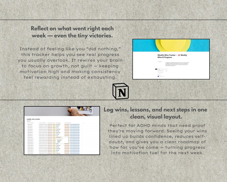 Może przedstawiać: Cyfrowy planer z tekstem "Weekly Wins Tracker - A Weekly Wins & Progress" na białym tle z niebieskim i ż&oacute;łtym wzorem. Obraz zawiera r&oacute;wnież logo Notion i tekst o śledzeniu postęp&oacute;w.