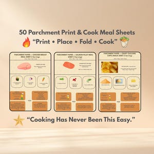 Puede incluir: Gráfico beige con el texto "50 hojas de comida para imprimir y cocinar". Se muestran tres hojas de comida, cada una con ilustraciones de ingredientes e instrucciones. También está presente el texto "Cocinar nunca ha sido tan fácil".