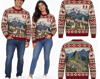 Personalized Peru Knitted Sweater, Custom Name Peruvian Pride Crewneck, Machu Picchu Llama Andes Sweater, Peru Gift