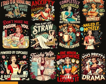 Retro Sarcastic Housewife PNG Bundle, Funny 1950s Pin Up Sublimation, Vintage Sassy Women Clipart, Retro Mom PNG, Coffee & Chaos PNG Bundle