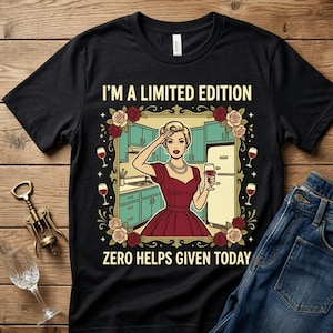 以下が含まれることがあります： 「I'M A LIMITED EDITION」の文字がプリントされた黒いTシャツ。レトロなイラストにはワイングラスを持つ女性が描かれ、バラとワイングラスでフレームが飾られています。「ZERO HELPS GIVEN TODAY」の文字が下にあります。