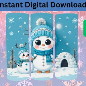 May include: Digital illustration featuring three panels with a winter theme. The panels depict snowmen wearing blue hats and scarves, with an igloo and snowflakes. The text "Instant Digital Download" is at the top.
