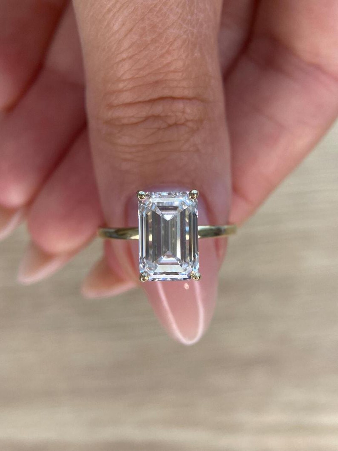 Emerald Cut Lab Grown Diamond Engagement Ring 14K Yellow Gold Cathedral ...