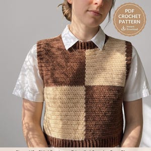 May include: A crochet vest with a chequered pattern in light and dark brown squares, worn over a white collared shirt. The image includes a circular graphic that says "PDF CROCHET PATTERN" and "Instant Download". Text at the bottom says "Sizes: XS - 5XL | Beginner-Friendly | Step-by-Step Photos".